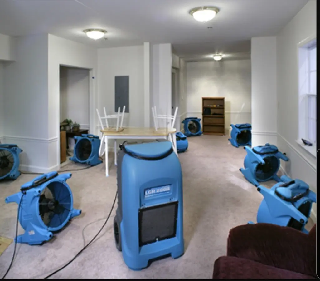 Air movers and dehumidifier setup for Water Damage Restoration in Lynchburg, Moore County